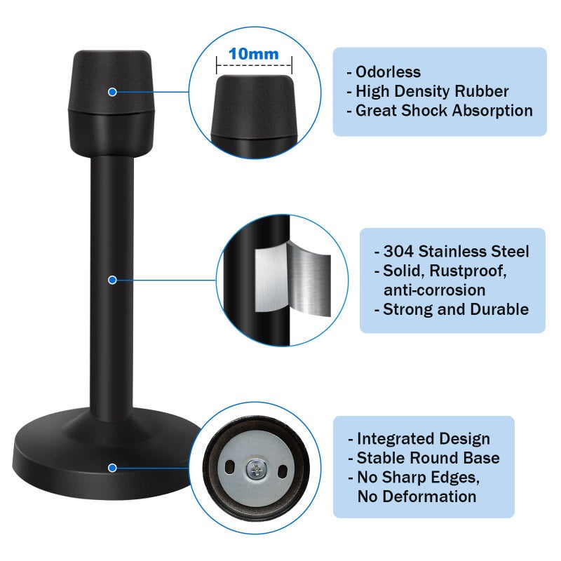 Gudui موقف باب، مثبت باب مثبت على الحائط 4 بوصة مع طرف مطاطي لامتصاص الصوت، موقف باب صلب وصلب، فولاذ مقاوم للصدأ، أسود - Image 3